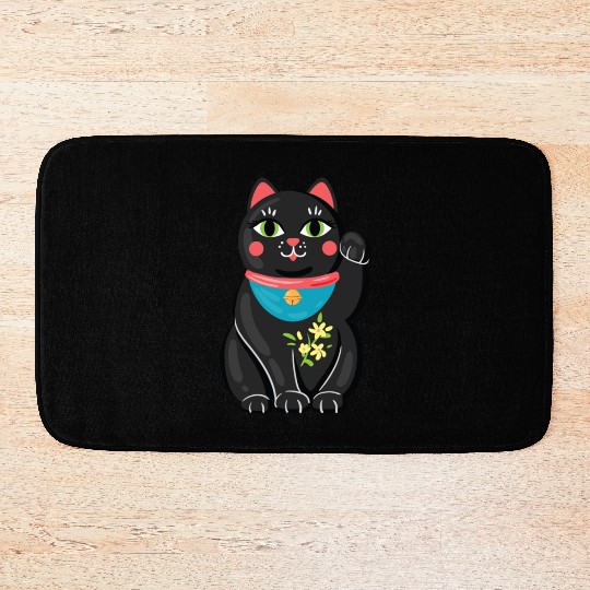 Japanese Maneki Neko Black Cat Bad Luck Protection Bath Mats