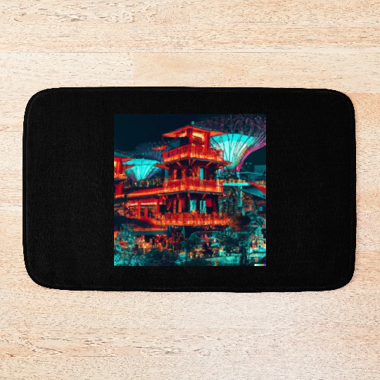 Neon Synthwave Cyber Futuristic Town Retro Future Bath Mats