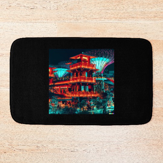 Neon Synthwave Cyber Futuristic Town Retro Future Bath Mats