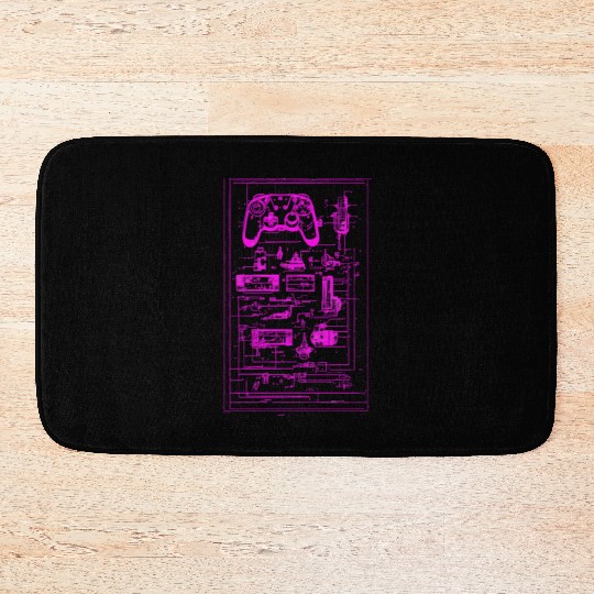 Neon Pink Video Game Controller Blueprint Bath Mats