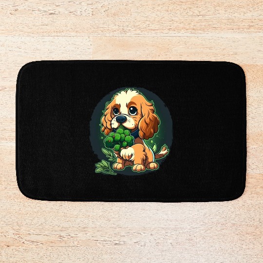 Cute dog eats green broccoli vegetables Bath Mats