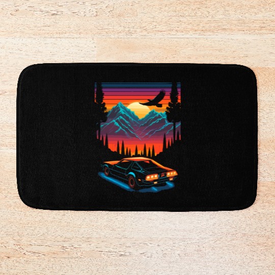 1980s Muscle Car and Retro Neon Mountain Sunset Bath Mats