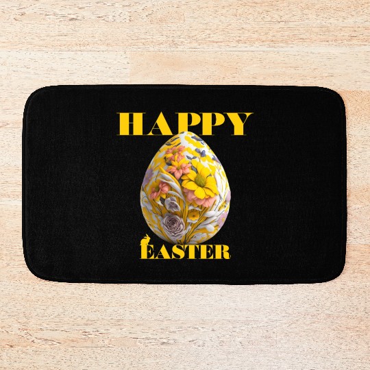 Happy Easter Egg Design with Floral Elements Bath Mats