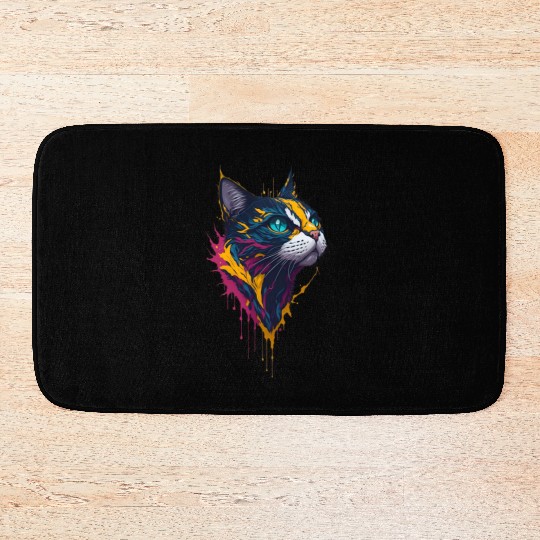 Blue-Eyed Graffiti Cat Head Painting Bath Mats