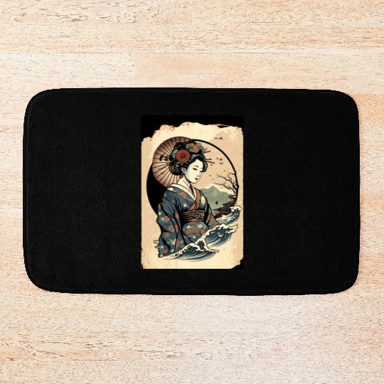 Geisha Watercolor Sea Waves Asian Art Woman Poster Bath Mats