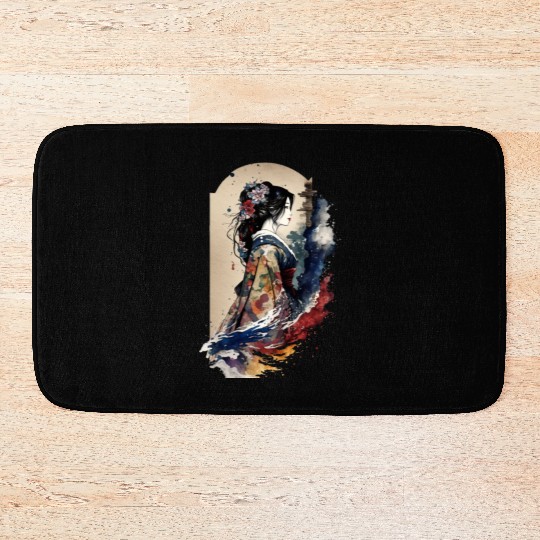 Geisha Watercolor Sea Waves Asian Art Woman Bath Mats