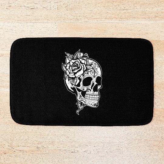 Skull Dia de los Muertos Halloween Tattoo Rose Bath Mats