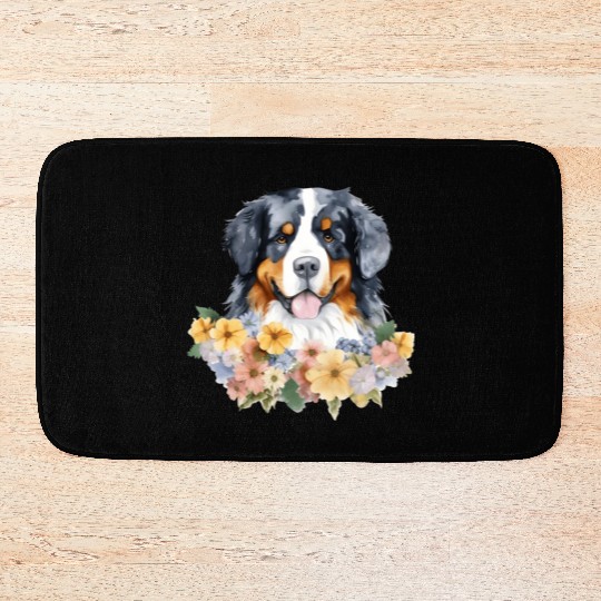 Bernese Mountain Dog Watercolor Floral Bath Mats