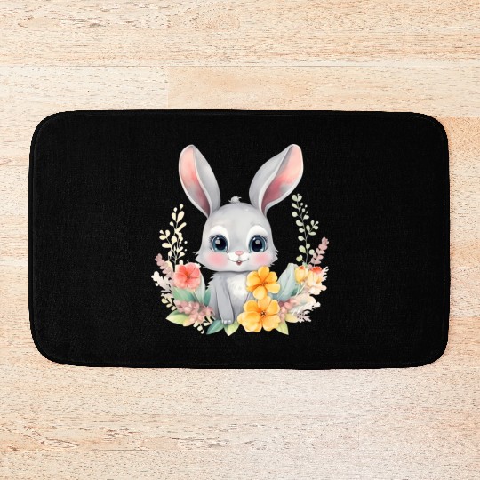 Grey Bunny Rabbit Watercolor Floral Bath Mats