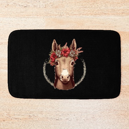 Cute Donkey Flower Crown Floral Farm Animal Pet Bath Mats