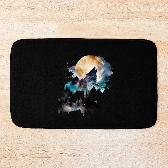 Mountain Wolf Multicolor Watercolor Portrait Bath Mats