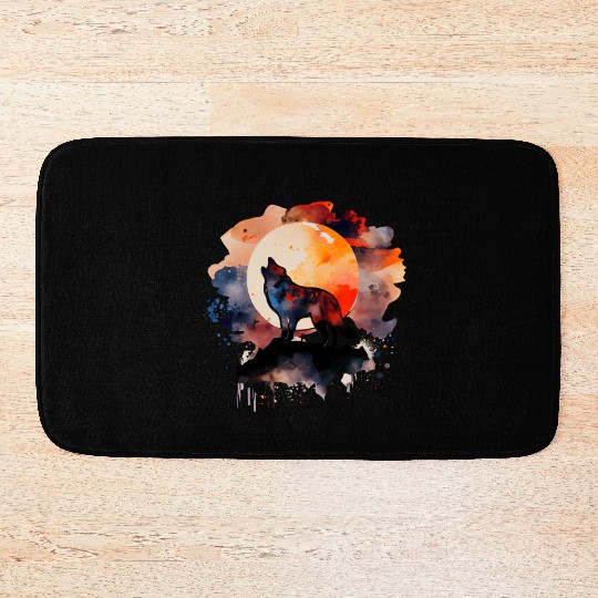 Wolf Howling at Moon Watercolor Bath Mats