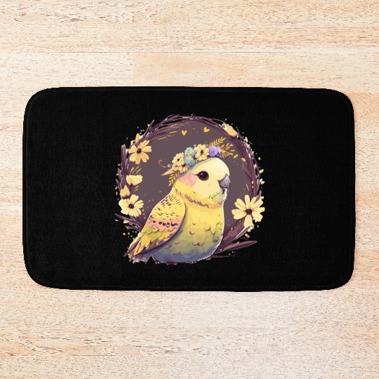 Cute Budgie Parakeet Bird Flower Crown Pet Birds Bath Mats