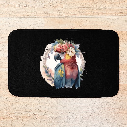 Watercolor Parrot Macaw Bird Flower Crown Pet Bird Bath Mats