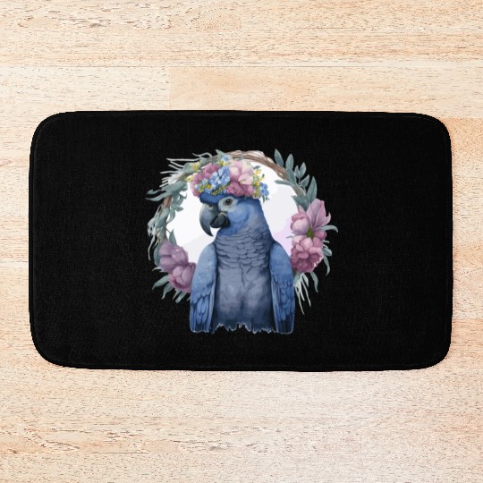 Watercolor Hyacinth Macaw Parrot Bird Flower Crown Bath Mats