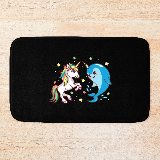 Cute Funny Horned Narwhal And Unicorn Friends Bath Mats