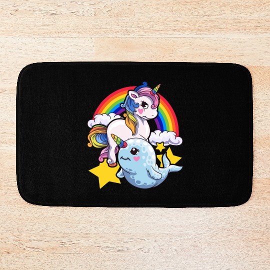 Cute Horned Narwhal And Unicorn Animal Friends Bath Mats