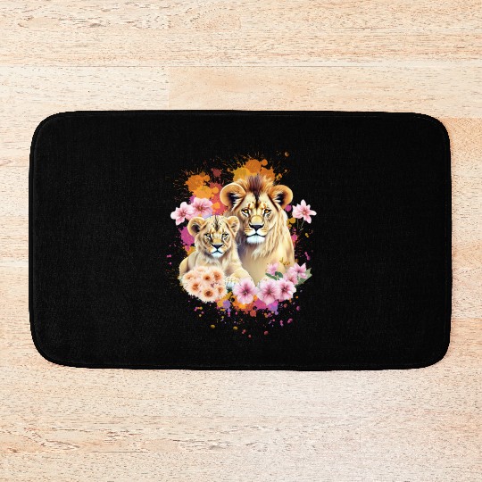 Lion Mom & Son Cubs with Flower Watercolor Bath Mats