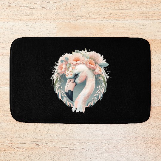 Cute White Flamingo Exotic Bird Flower Crown Tropi Bath Mats