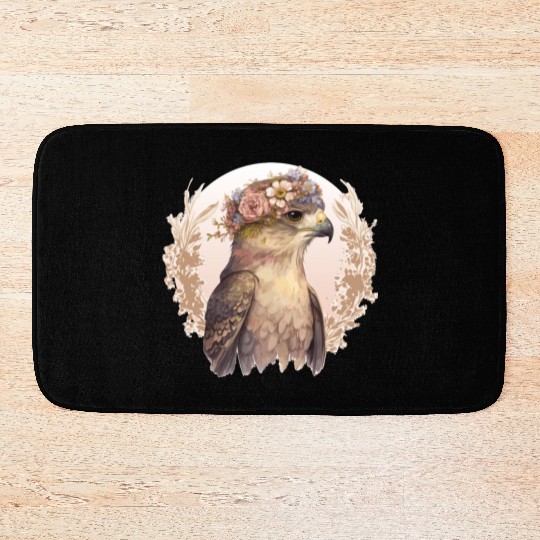 Watercolor Hawk Bird Of Prey Flower Crown Floral B Bath Mats