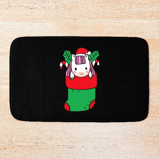 Cute Unicorn inside Christmas Sock with Candy Cane Bath Mats