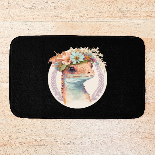 Cute Watercolor Gecko Reptile Flower Crown Boho Ae Bath Mats