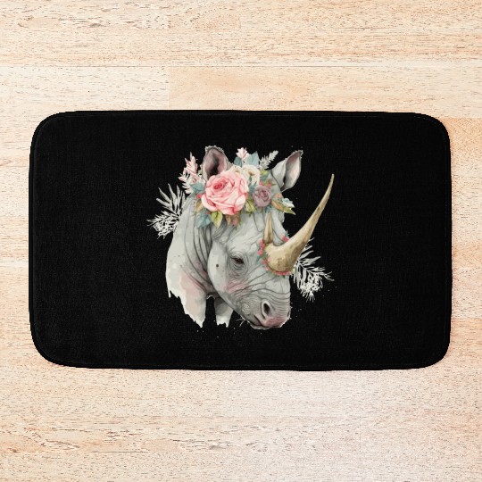 African Watercolor Rhinozeros Flower Crown Safari Bath Mats