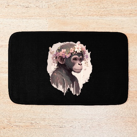 Artistic Watercolor Monkey Flower Crown Floral Ani Bath Mats