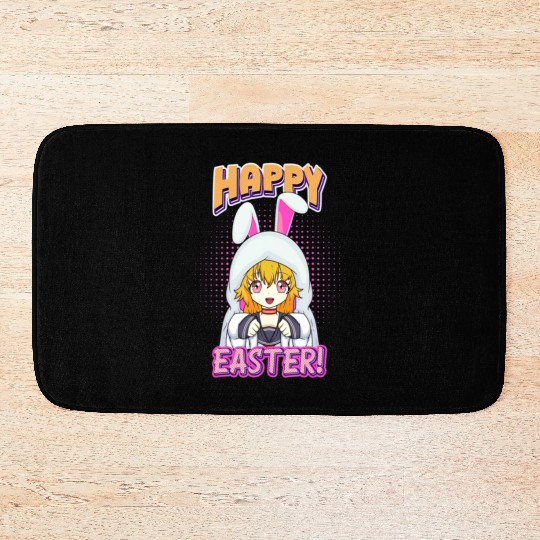 Happy Easter Anime Girl In Cute Bunny Ears Hood Bath Mats