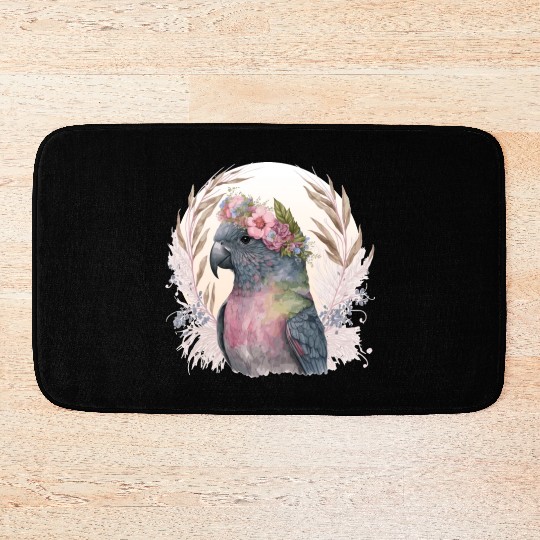 Watercolor Pionus Parrot Bird Flower Crown Pet Bir Bath Mats