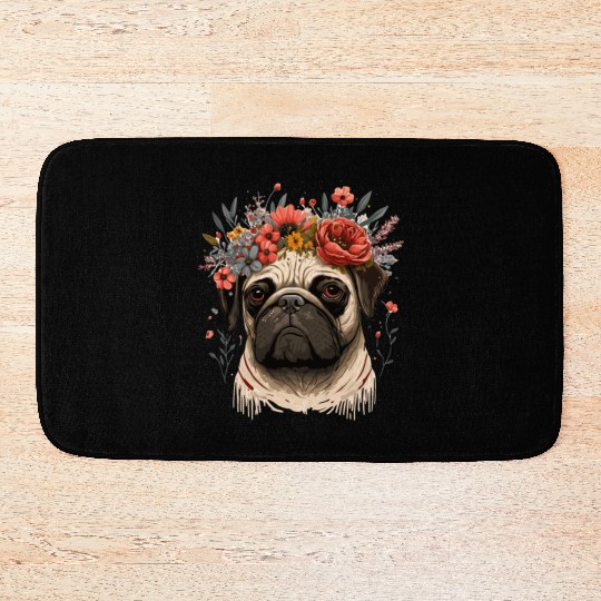 Cute Pug Flower Crown Pet Dog Breed Floral Puppy Bath Mats