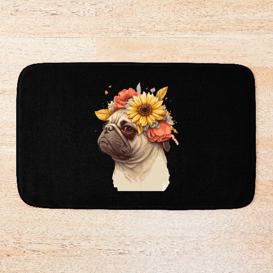 Cute Pug Flower Crown Pet Dog Breed Floral Puppy Bath Mats