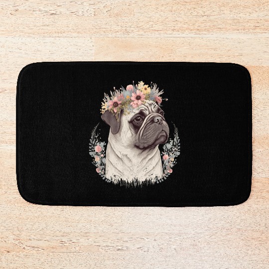 Cute Pug Flower Crown Pet Dog Breed Floral Puppy Bath Mats