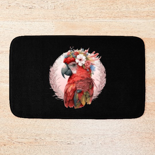 Red Scarlet Macaw Flower Crown Parrot Watercolor B Bath Mats