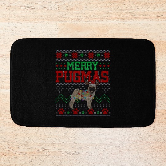 Merry Pugmas Santa Reindeer Pug Farmer Bath Mats