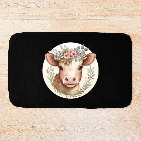 Cottagecore Cute Baby Cow Calf Floral Farm Animal Bath Mats