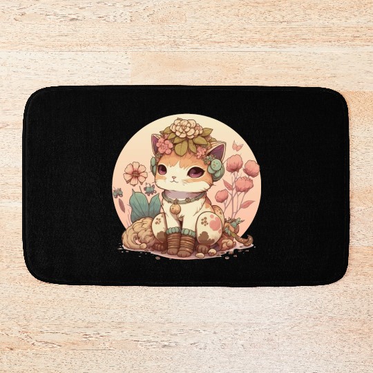 Cottagecore Cute Baby Cat Kitten Flower Anime Sola Bath Mats