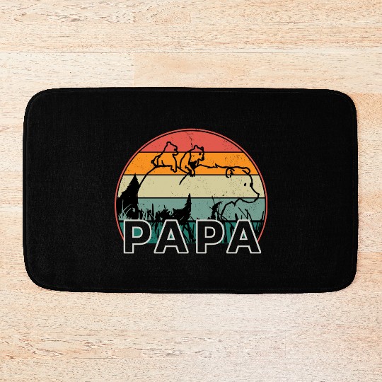 Papa Bear With Cubs Retro Grizzly Bear Forest Tree Bath Mats