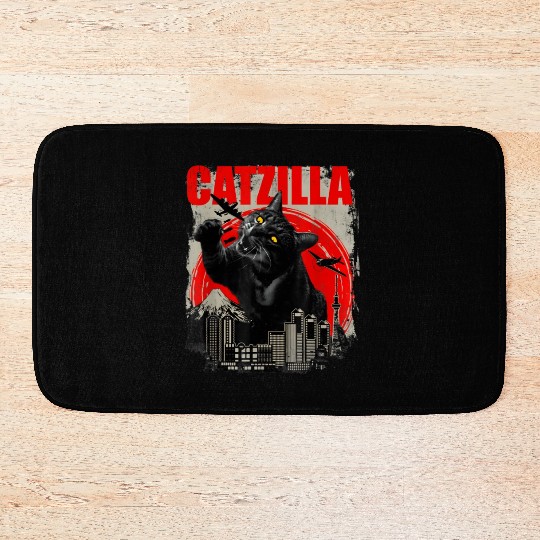 Catzilla Vintage Funny Cute Cat Art Japanese Sunse Bath Mats