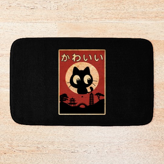 Vintage Kawaii Cat Japanese Black Anime Bath Mats