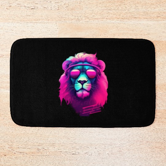 Synthwave Sun King Lion s Neon Shades Bath Mats