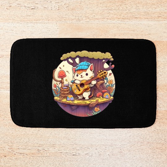 Cute Kawaii Cat Playing Guitar Banjo On Log Bath Mats