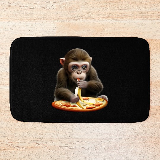 Monkey enjoying banana pizza Bath Mats