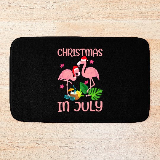 Christmas In July Pink Flamingo Wearing Santa Hat Bath Mats