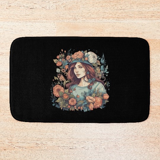 Summer girl Boho flowers vintage woman in nature Bath Mats