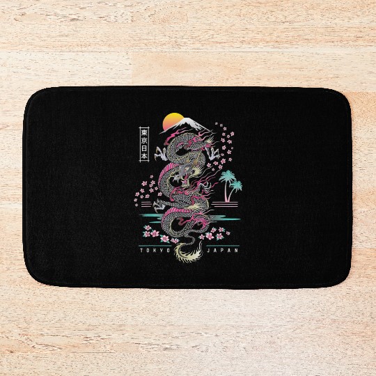 Japanese Dragon Asian Neon retro 80s style Bath Mats