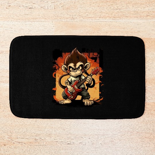 Monkey Chimpanzee Playing Acousitc Rock Guitar Bath Mats
