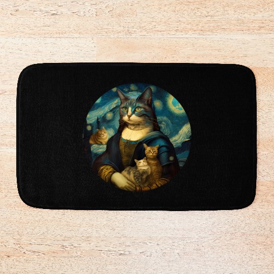 Mona Lisa With Cats Starry Night Van Gogh Painting Bath Mats