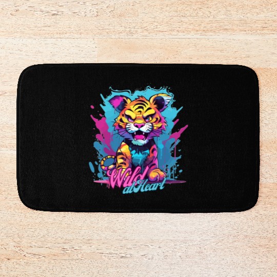 Vibrant Synthwave Sabertooth Tiger Graffiti Kids Bath Mats