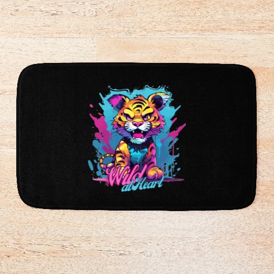 Vibrant Synthwave Sabertooth Tiger Graffiti Kids Bath Mats